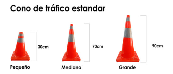 Cono de tráfico estándar: Pequeño (30 cm), Mediano (60 cm), Grande (90cm)